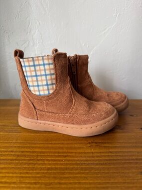 Kids Suede Pull-On Chelsea Boot with Plaid Accent — Brown